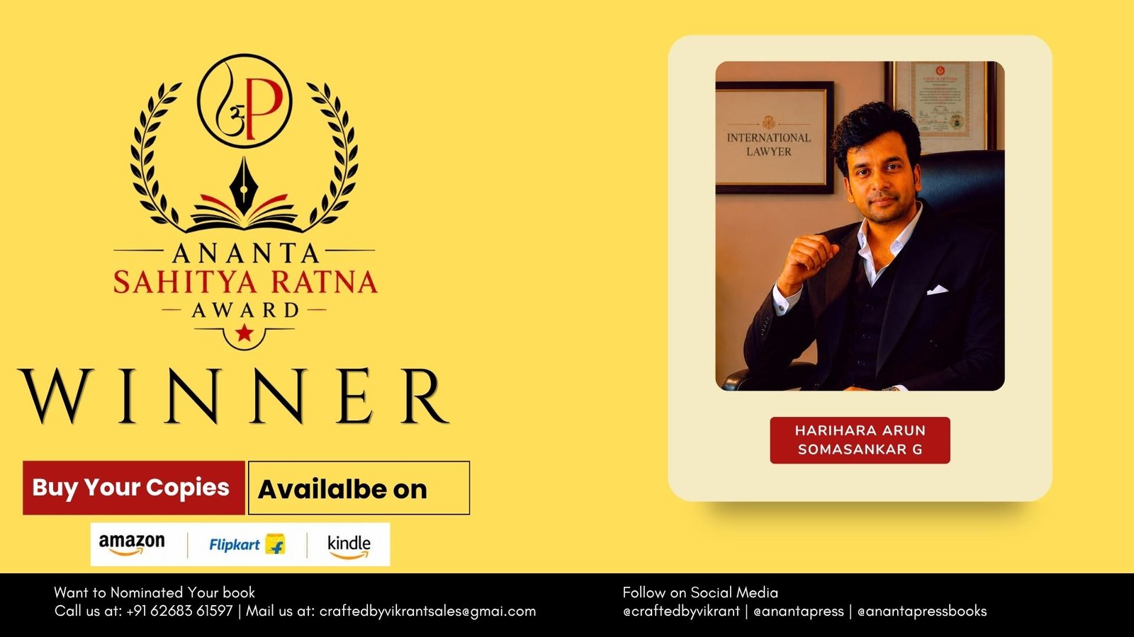 Read more about the article Harihara Arun Somasankar G Announced as Winner of the Ananta Press Sahitya Ratna Award for Finally Us