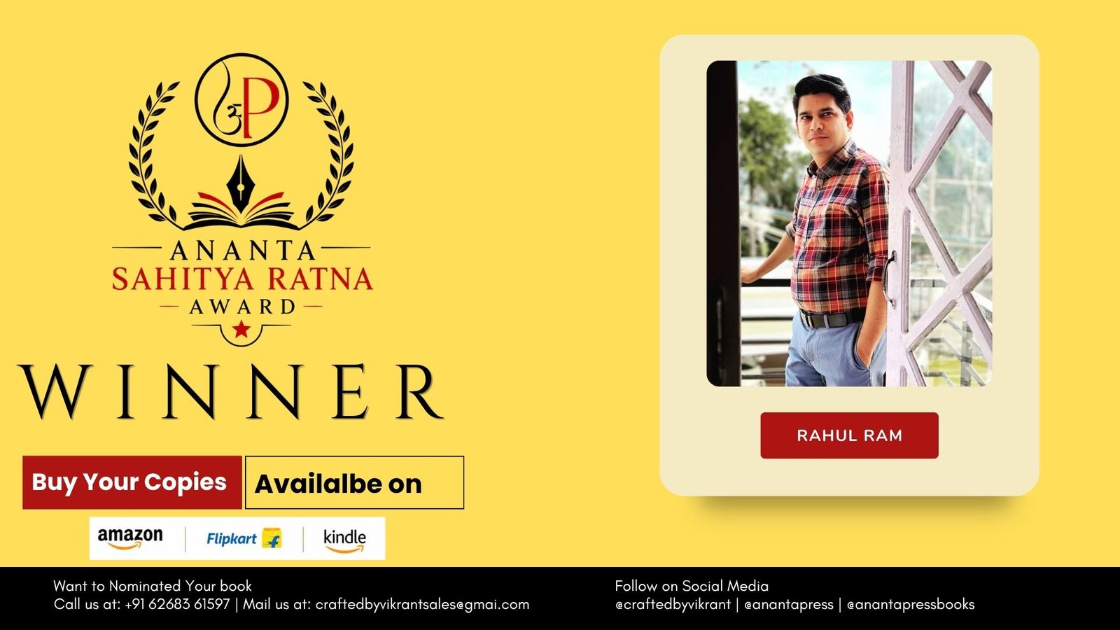 Read more about the article Official Winner Announcement: Rahul Ram, Author of The Swipe That Changed It All, Wins the Ananta Press Sahitya Ratna Award