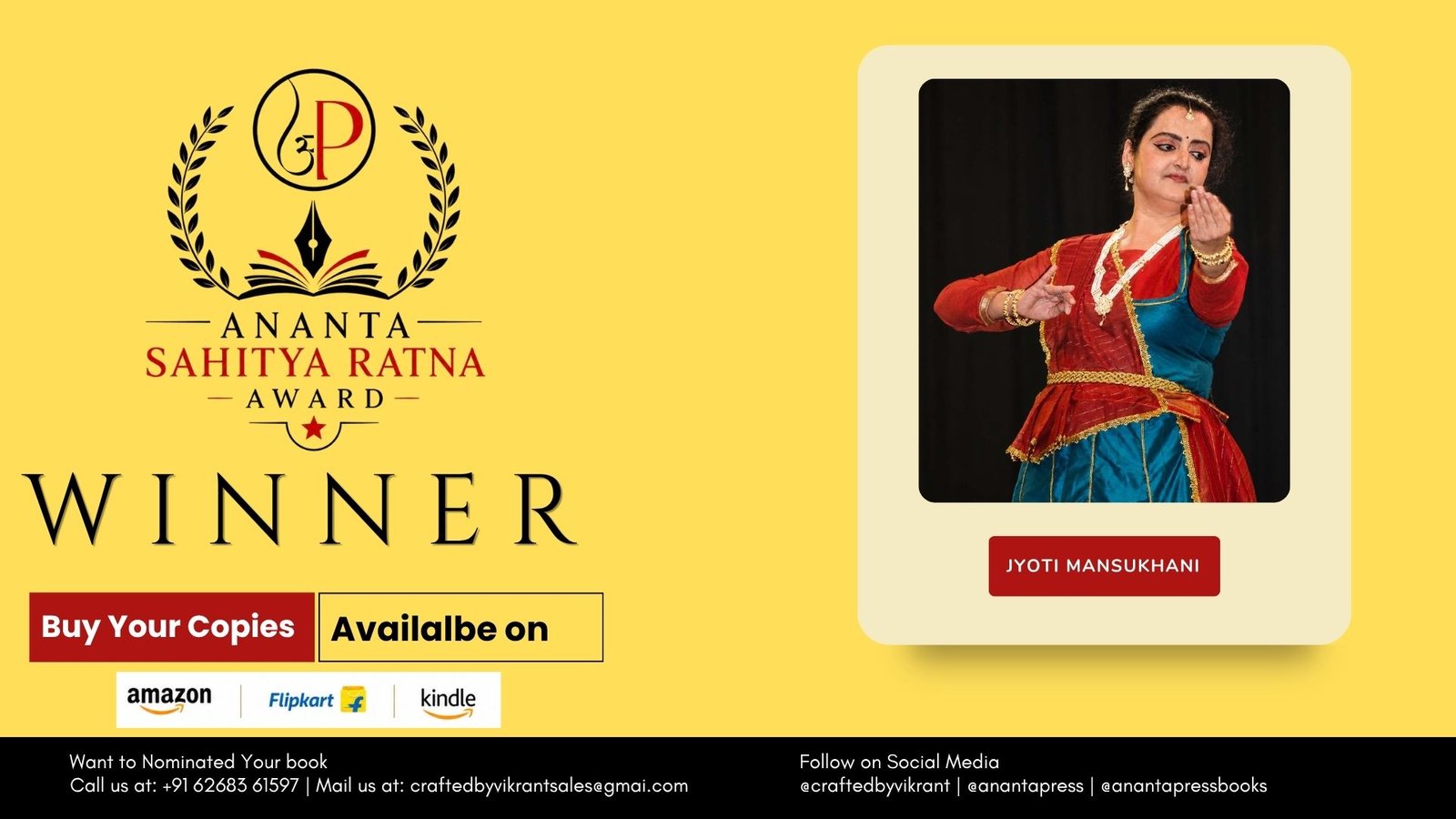 Read more about the article JYOTI MANSUKHANI HONOURED AS THE OFFICIAL WINNER OF THE ANANTA PRESS SAHITYA RATNA AWARD FOR NRITYAकर्मी