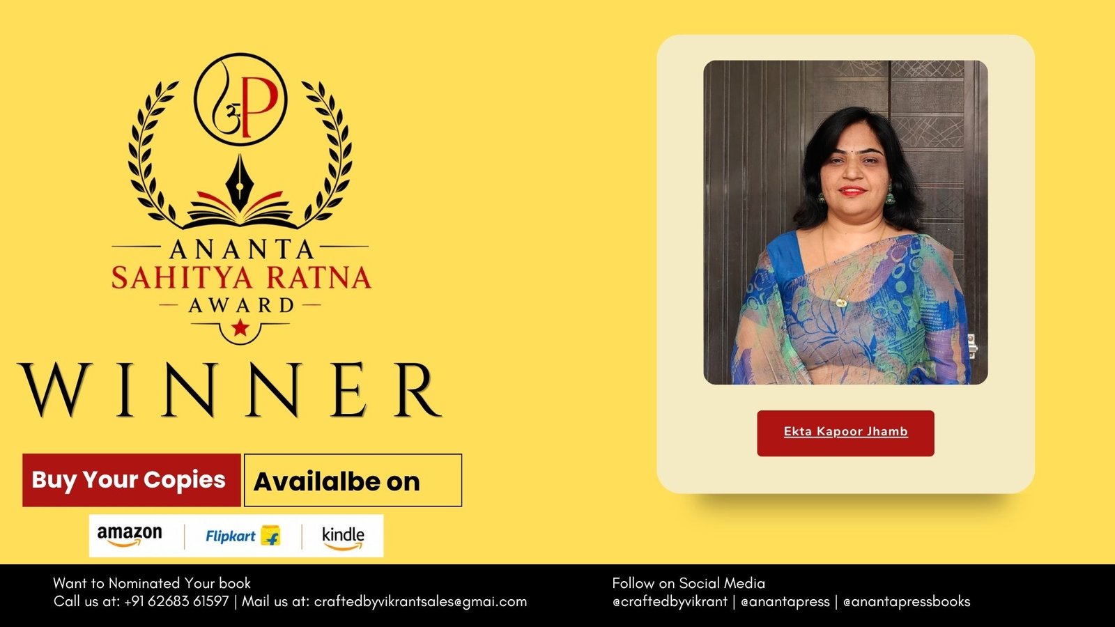 Read more about the article Congratulations to Ekta Kapoor Jhamb on being officially recognized as a Winner of the Ananta Press Sahitya Ratna Award for her fiction title, The Autumn.
