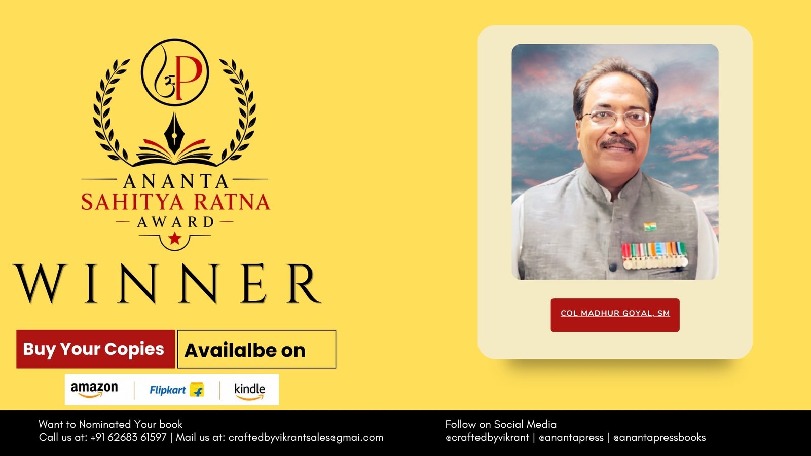 Read more about the article Colonel Madhur Goyal, SM (Retd), Declared Winner of the Ananta Press Sahitya Ratna Award for Kaśmīra: Ashoka and the Crescent