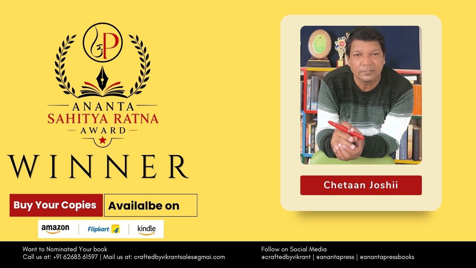 Read more about the article Chetaan Joshii’s CockTale Carnival Wins the Ananta Press Sahitya Ratna Award