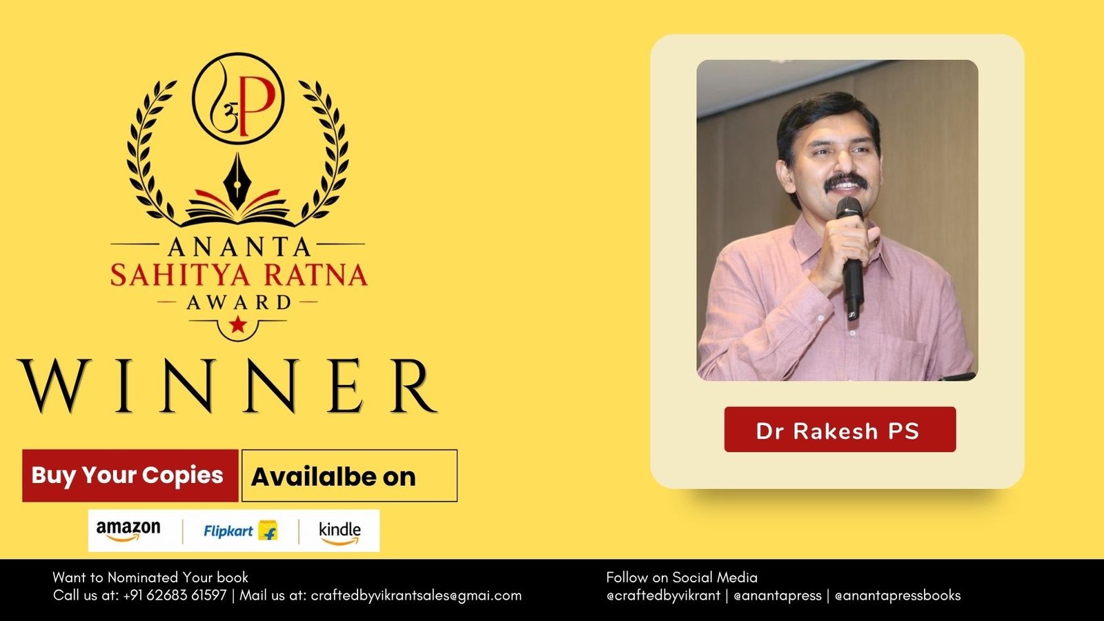 Read more about the article Dr Rakesh PS Wins the Ananta Press Sahitya Ratna Award for Echoes from the Atoll