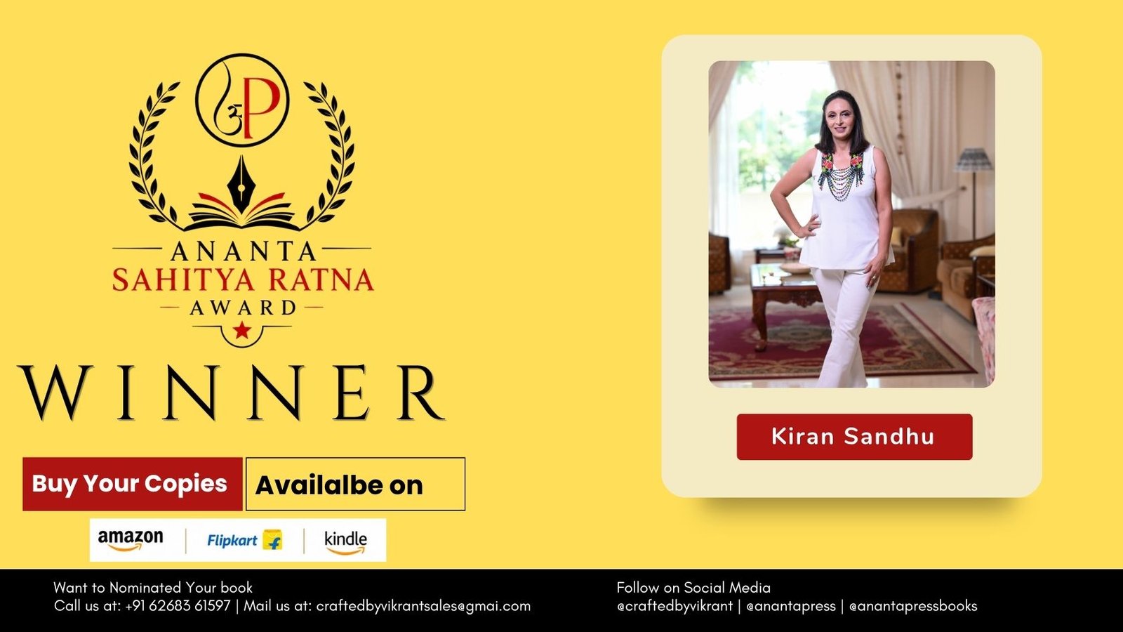 Read more about the article Congratulations to Kiran Sandhu on Winning the Ananta Press Sahitya Ratna Award for Customize Your Beauty
